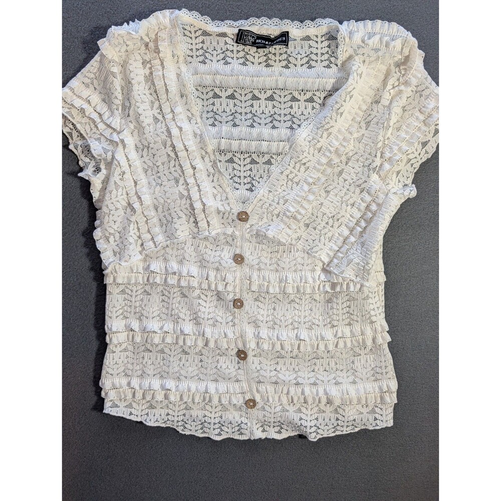 Rich & Famous Womens White Lace Ruffle Button Front Blouse Boho Cottagecore sz M